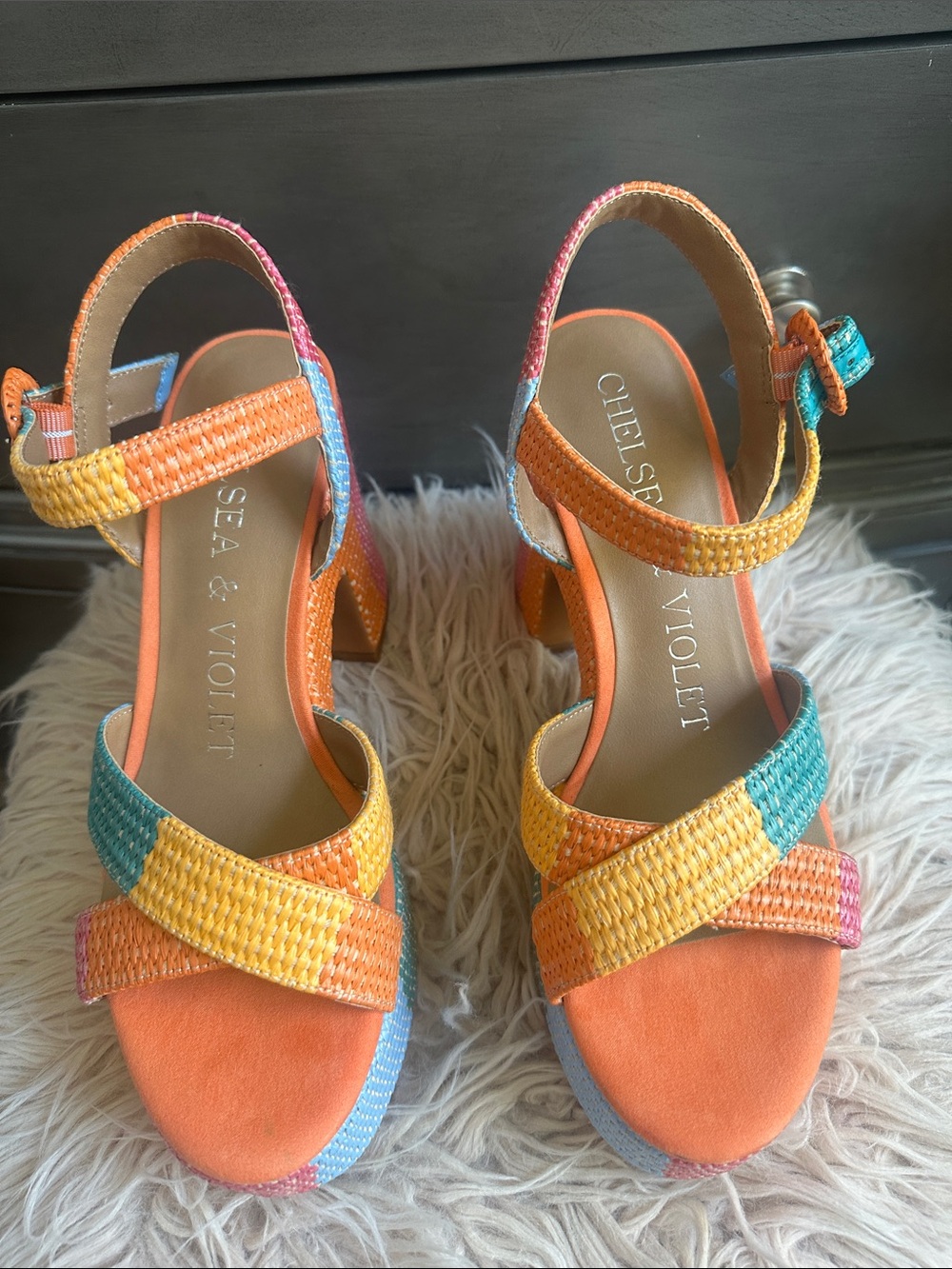 Chelsea & Violet Orange Multicolor Braided Block Heel Sandals